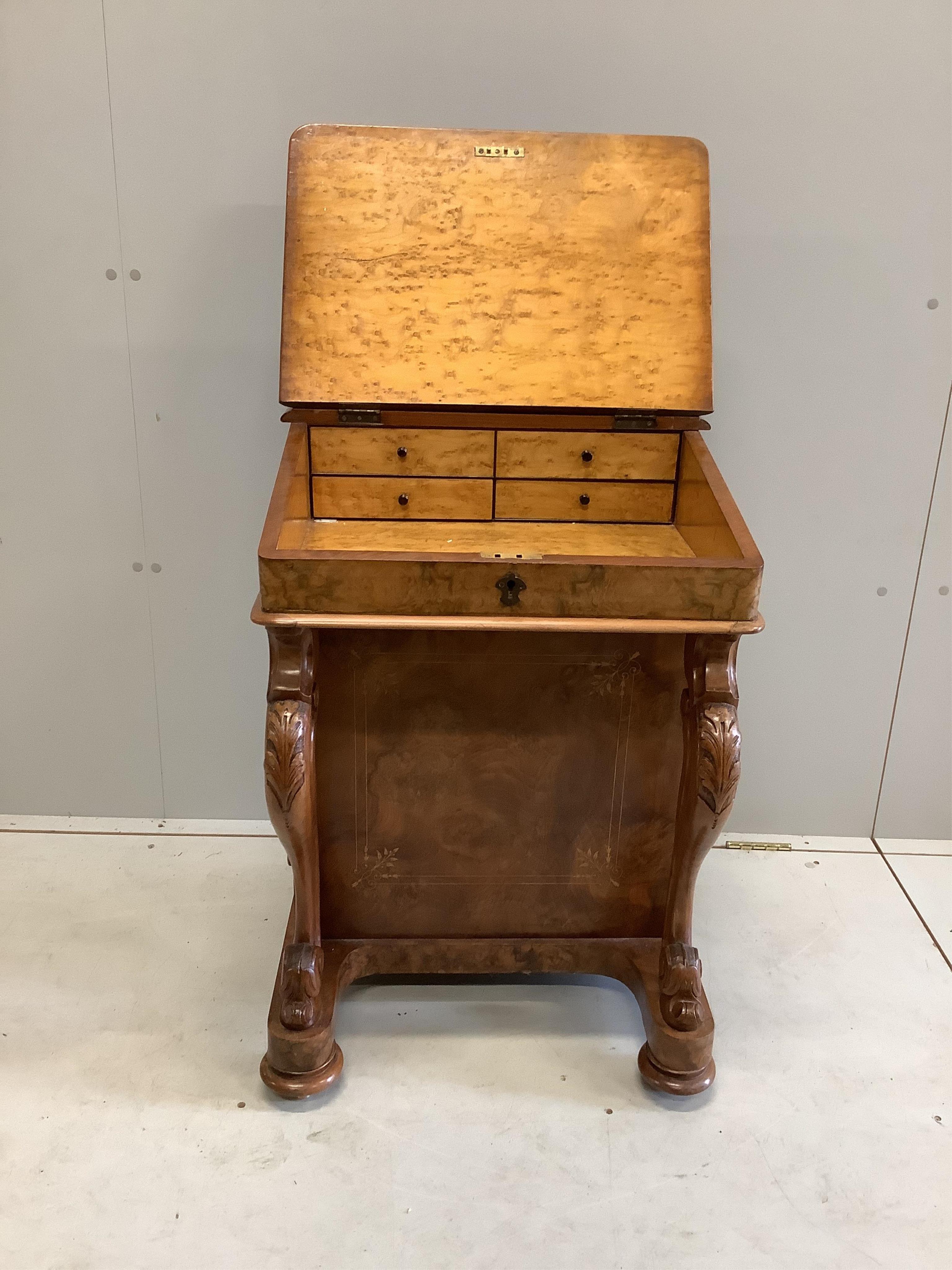 A Victorian inlaid burr walnut Davenport, width 53cm, depth 54cm, height 85cm. Condition - good